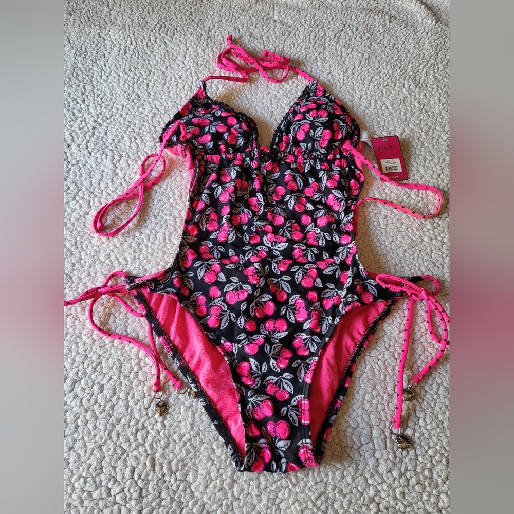 NWT Candies Cherry Print Black And Pink One Piece Swimsuit Womens HTF Size XL